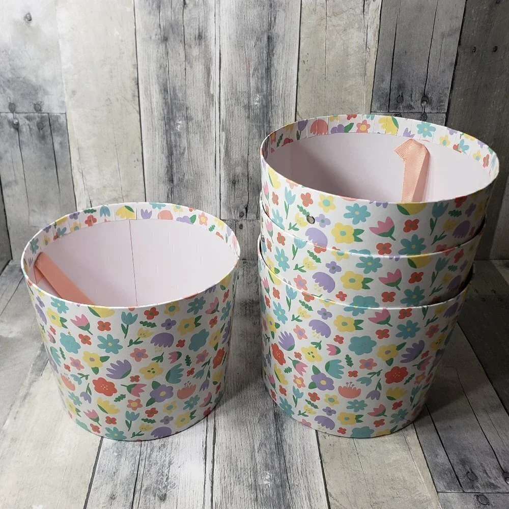 Set of 4 Floral Cardboard Buckets with Ribbon Handle 7